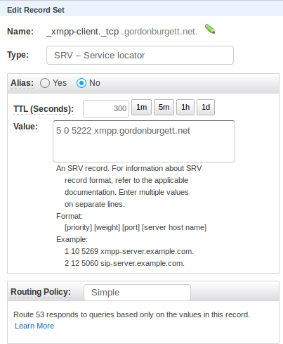 XMPP SRV record details in my Route53 DNS config